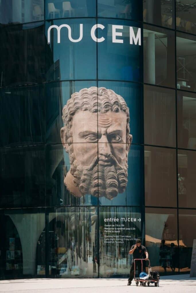 The striking facade of MuCEM (Museum of Civilizations of Europe and the Mediterranean) in Marseille, where visitors can explore history and find unique Marseille souvenirs.