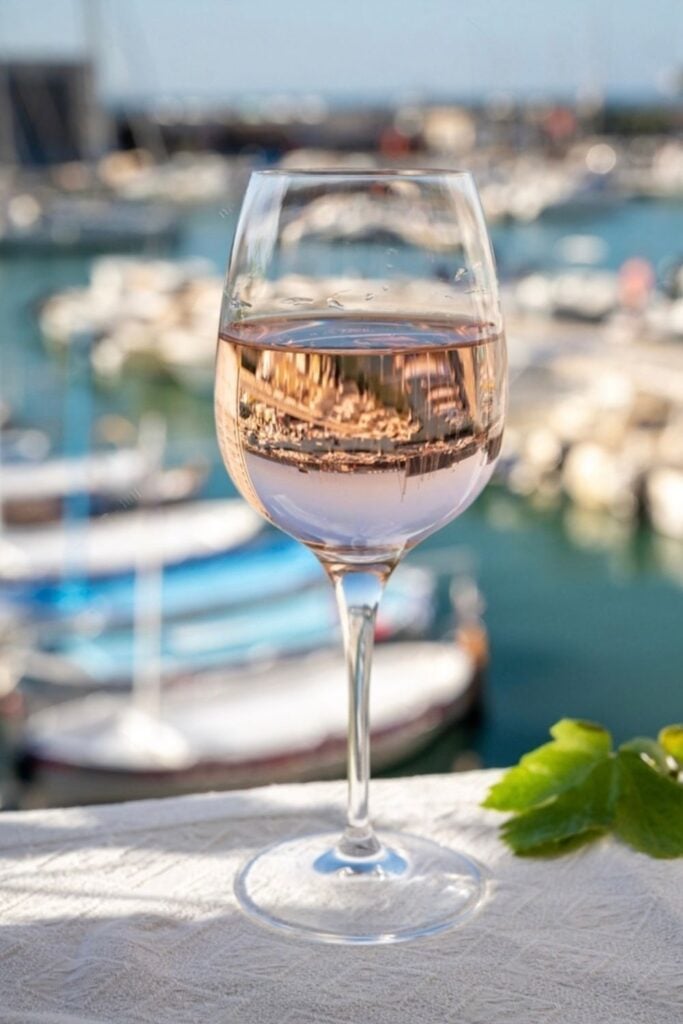 A glass of rosé wine reflecting the vibrant marina, a delightful reminder of Marseille and a potential inspiration for Marseille souvenirs.