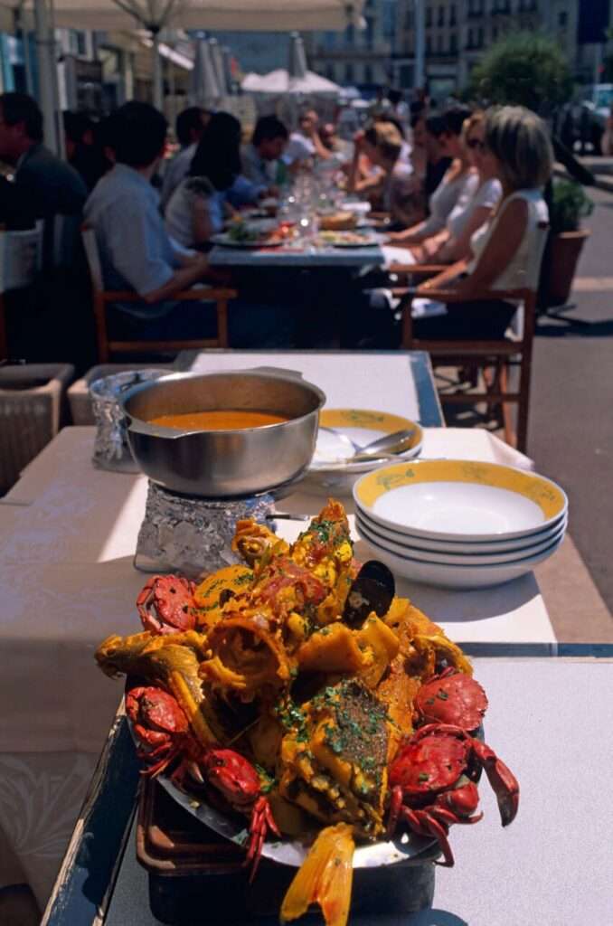 Bouillabaisse dish at Restaurant Miramar in the Le Vieux Port area, Marseille, Provence, France.