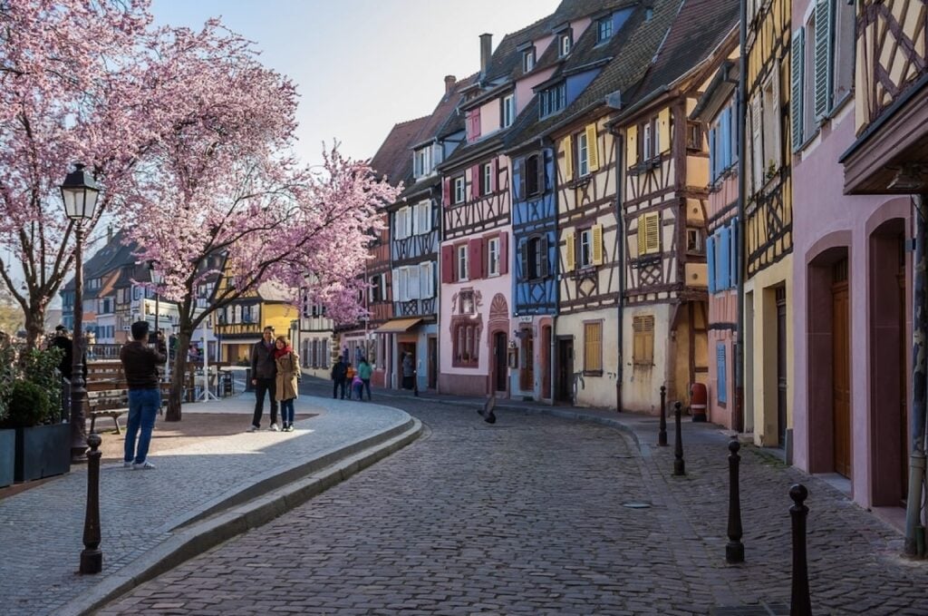 Springtime in Colmar, France, with an idyllic cobblestone street flanked by colorful half-timbered houses. Blossoming pink cherry trees add a splash of color to the scene, where pedestrians stroll and enjoy the quaint atmosphere under the warm glow of street lamps.