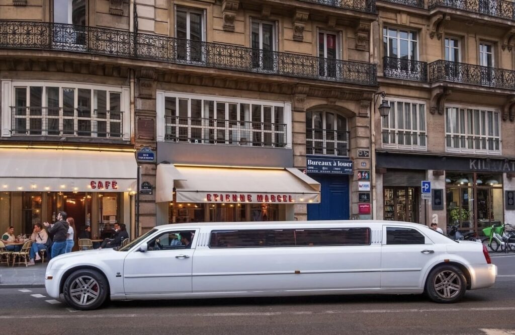 A white stretch limousine is parked on a Parisian street lined with traditional buildings, in front of a café with patrons sitting outside and a 'Bureaux à louer' sign indicating office space for rent above.