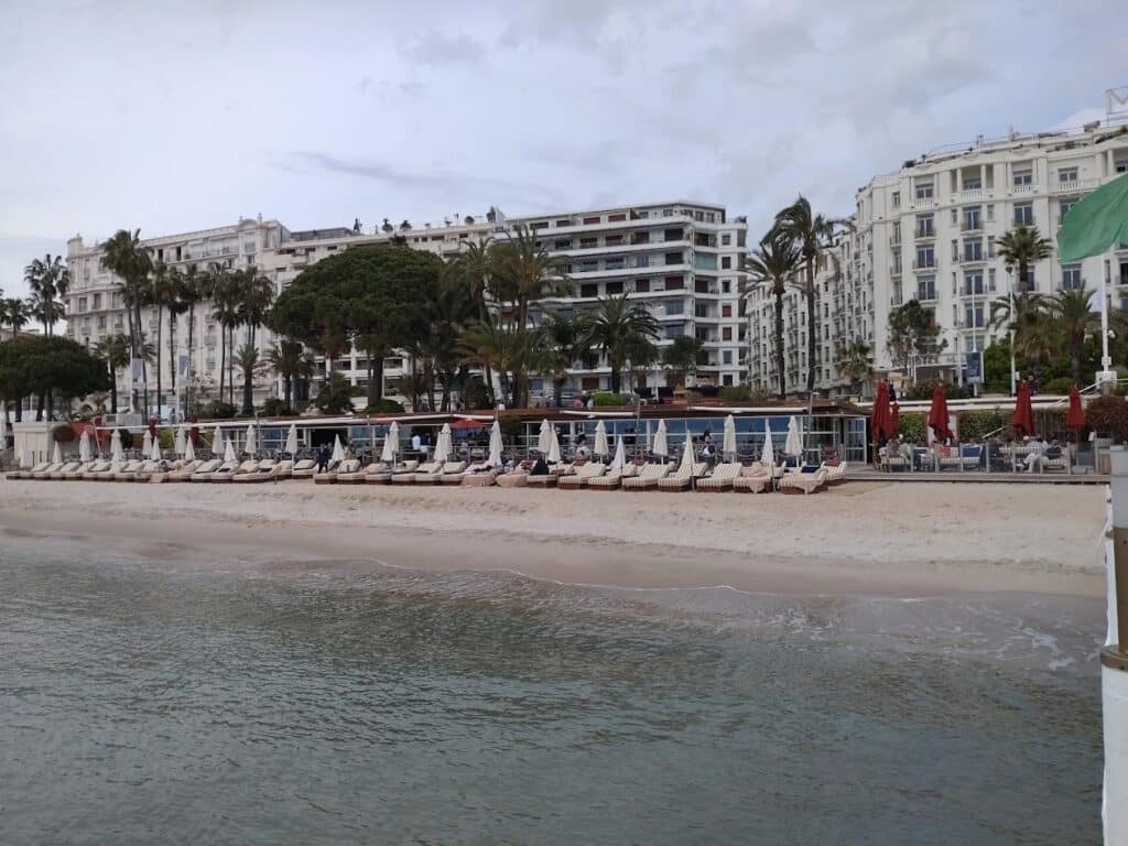 Rows of lounge chairs and umbrellas on the sandy shore at La Plage du Martinez, one of the popular Cannes beach clubs, with elegant white buildings and palm trees in the background.