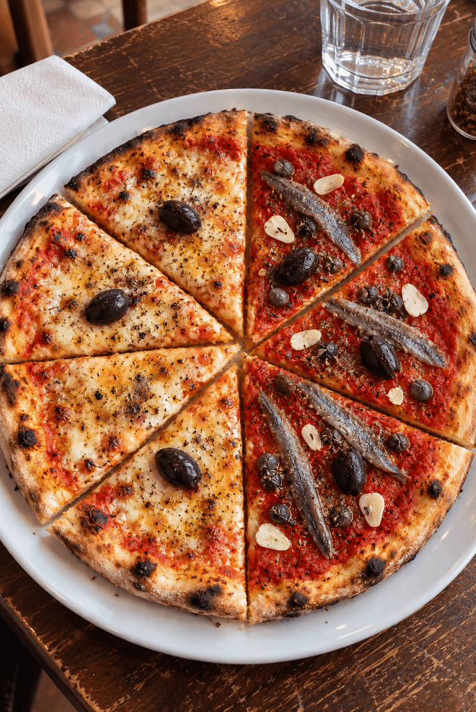 A Marseille-style moitié-moitié pizza topped with melted Emmental cheese on one half and tomato sauce, anchovies, black olives, garlic and capers on the other, served on a white plate at a local Marseille restaurant.