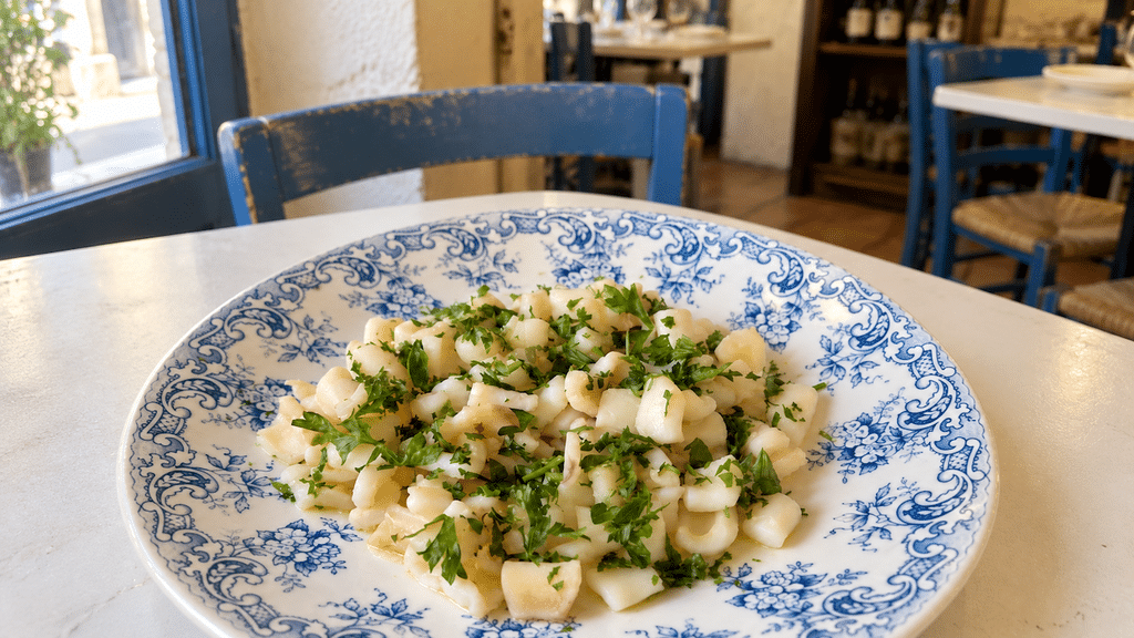 A plate of Supions à l’Ail—tender squid sautéed with garlic, parsley and olive oil—served on a white table inside a casual Marseille restaurant.