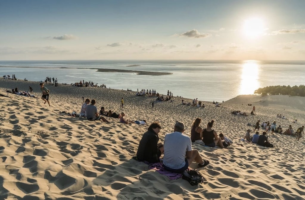 Visitors relax on the sandy slopes of the Dune du Pilat, enjoying a stunning sunset over the Atlantic Ocean—one of the must-do experiences when exploring things to do in Bordeaux.