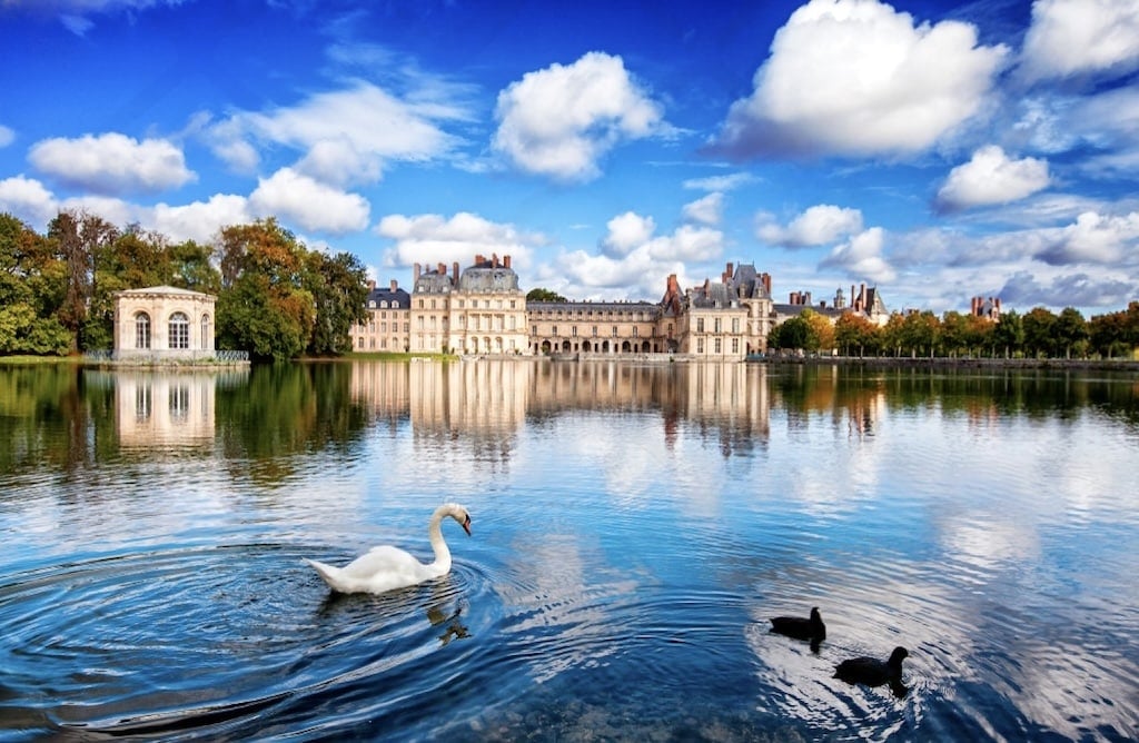 The stunning Château de Fontainebleau, a historic palace and a popular choice for day trips from Paris France, is reflected in the calm waters of a lake, where a white swan and two black ducks glide gracefully under a bright blue sky with fluffy white clouds.