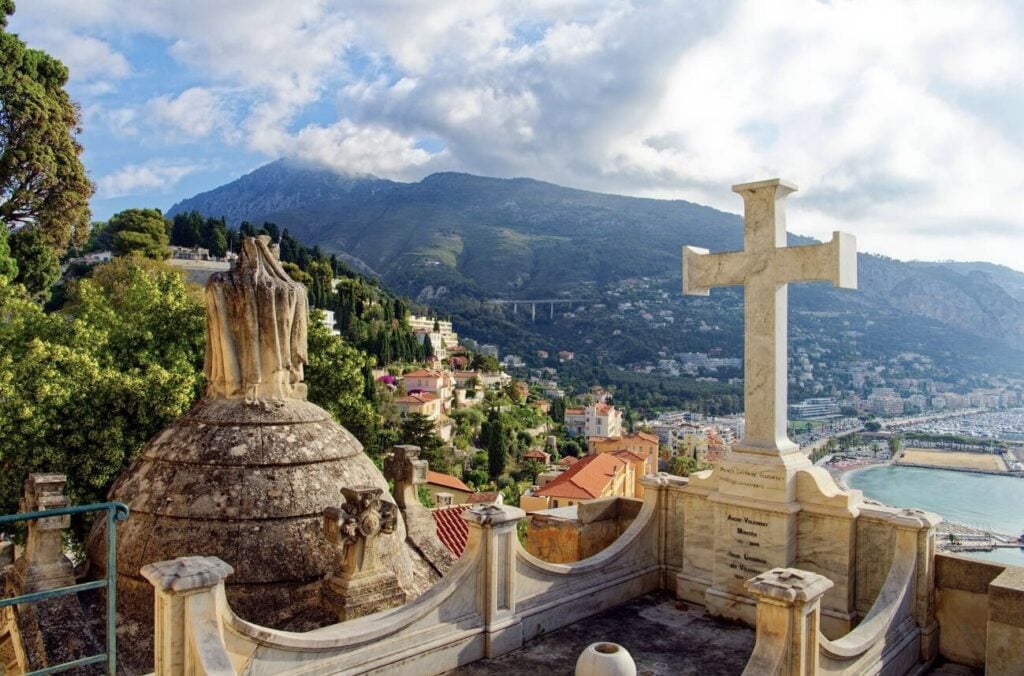 The serene Cimetière du Vieux Château offers breathtaking panoramic views of Menton, the sea, and the surrounding mountains, making it a unique and peaceful stop among the top things to do in Menton France.