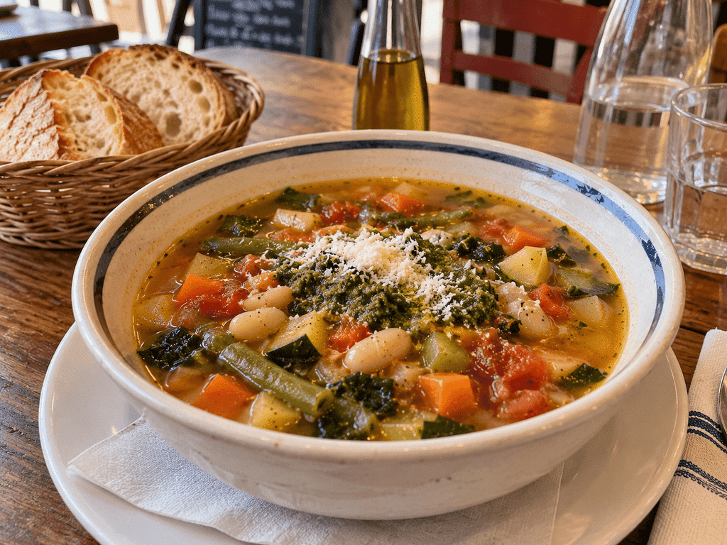 Traditional Soupe au Pistou with seasonal vegetables, white beans, potatoes, tomatoes, and fresh basil pistou, a comforting Provençal specialty served in Nice, France