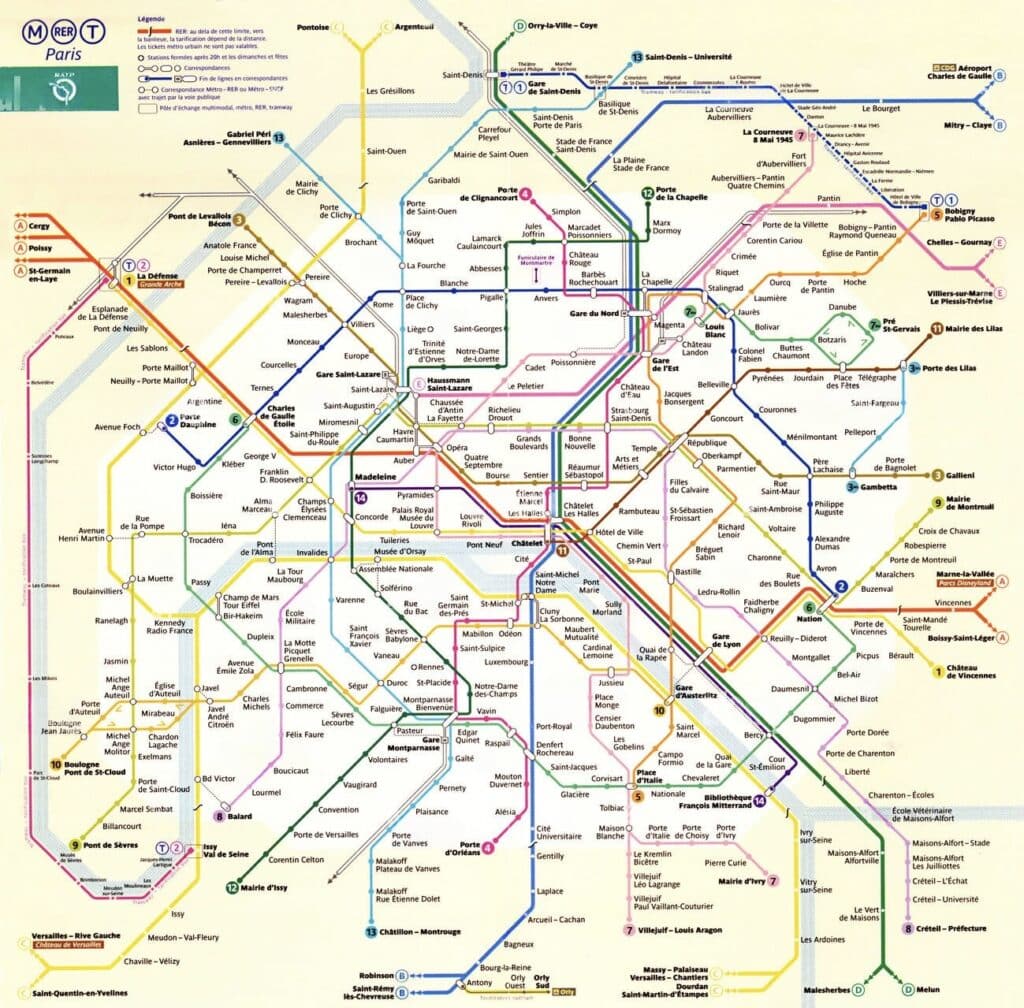 Detailed Paris Métro map showing all metro lines and stations—an essential tool for first-time visitors choosing where to stay in Paris with convenient access to public transportation.